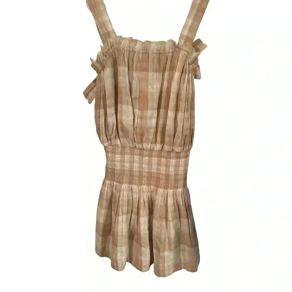 Ramy Brook smocked mini dress tan & Ivory plaid size SP NWOT